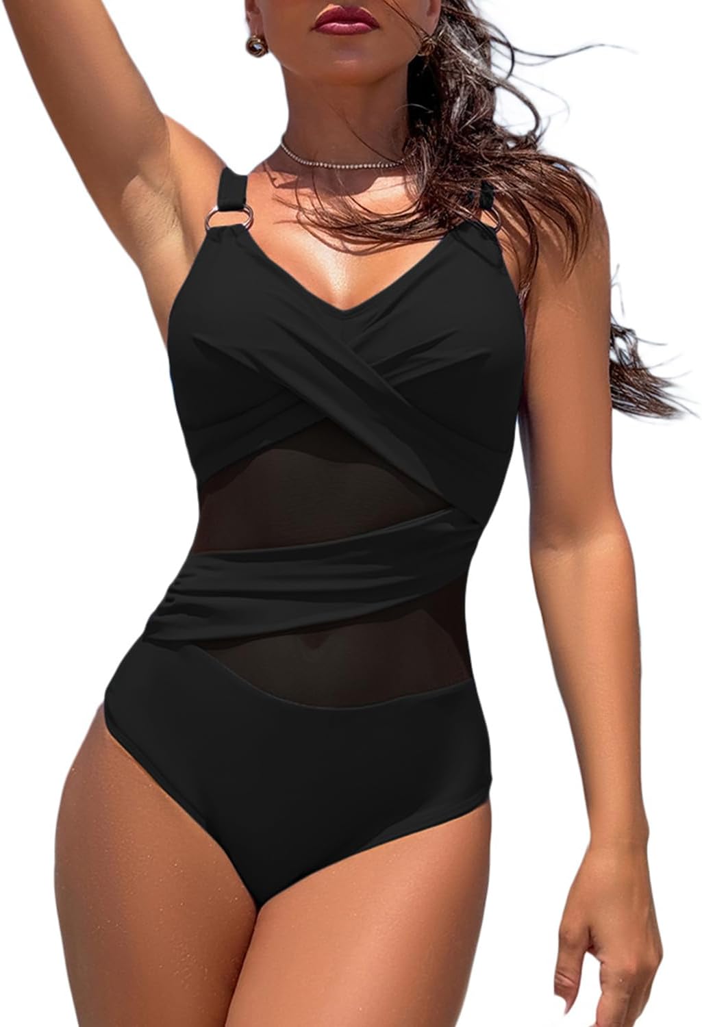 Limeeke Women's One Piece Swimsuit Sexy Mesh Sheer Tummy Control Bathing Suit Cross Twist Front Swimwear